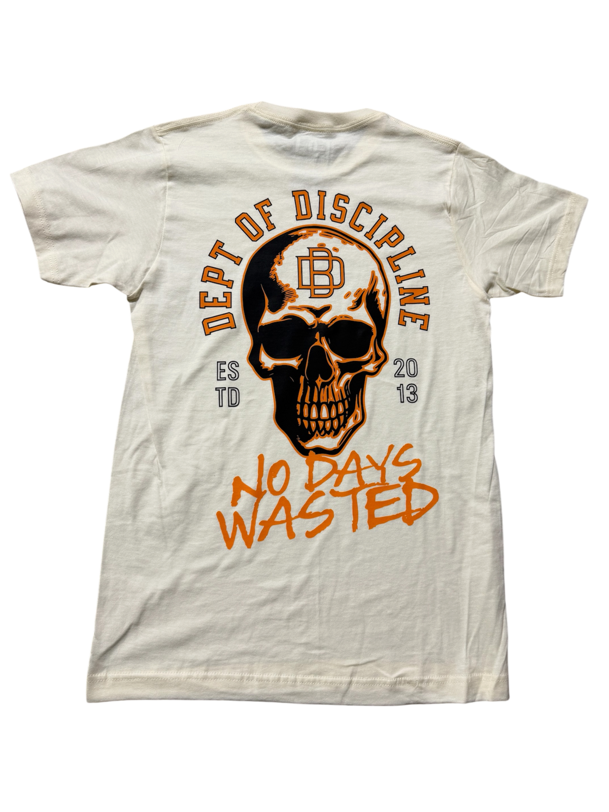 DMC Uniform 003 Department of Discipline Tee in Heritage vintage cream, back view with Department of Discipline skull graphic