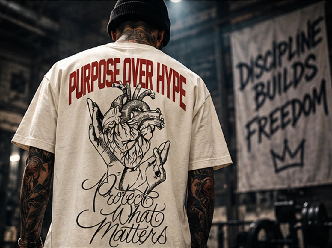 DMC campaign featuring the Purpose Over Hype back artwork