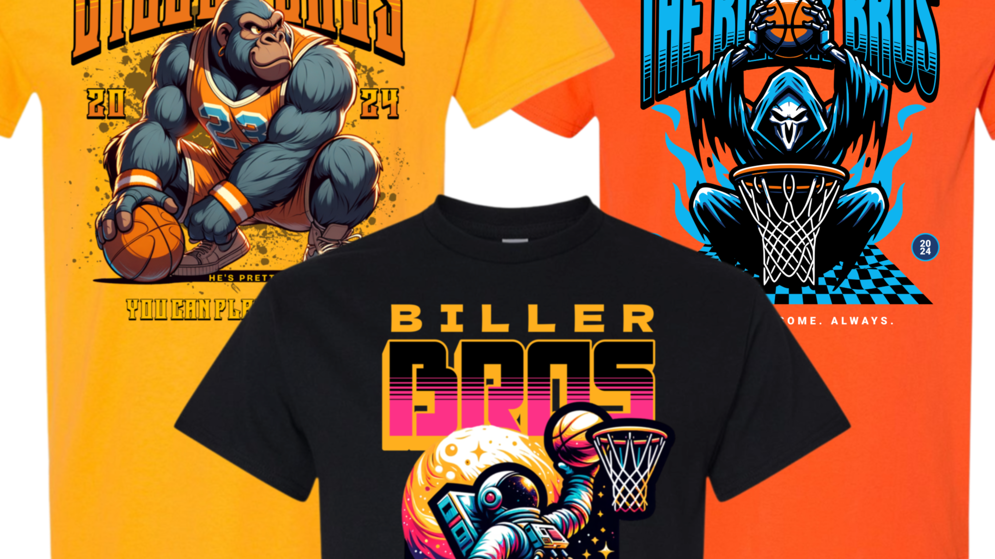 Three t-shirts with 'Biller Bros' graphics on a white background