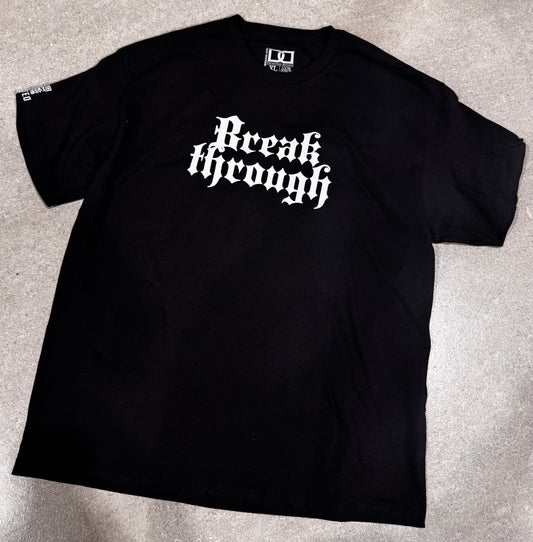 Front view of Devoted Brand Breakthrough Tee featuring gothic ‘Breakthrough’ text graphic printed in white on black heavyweight cotton