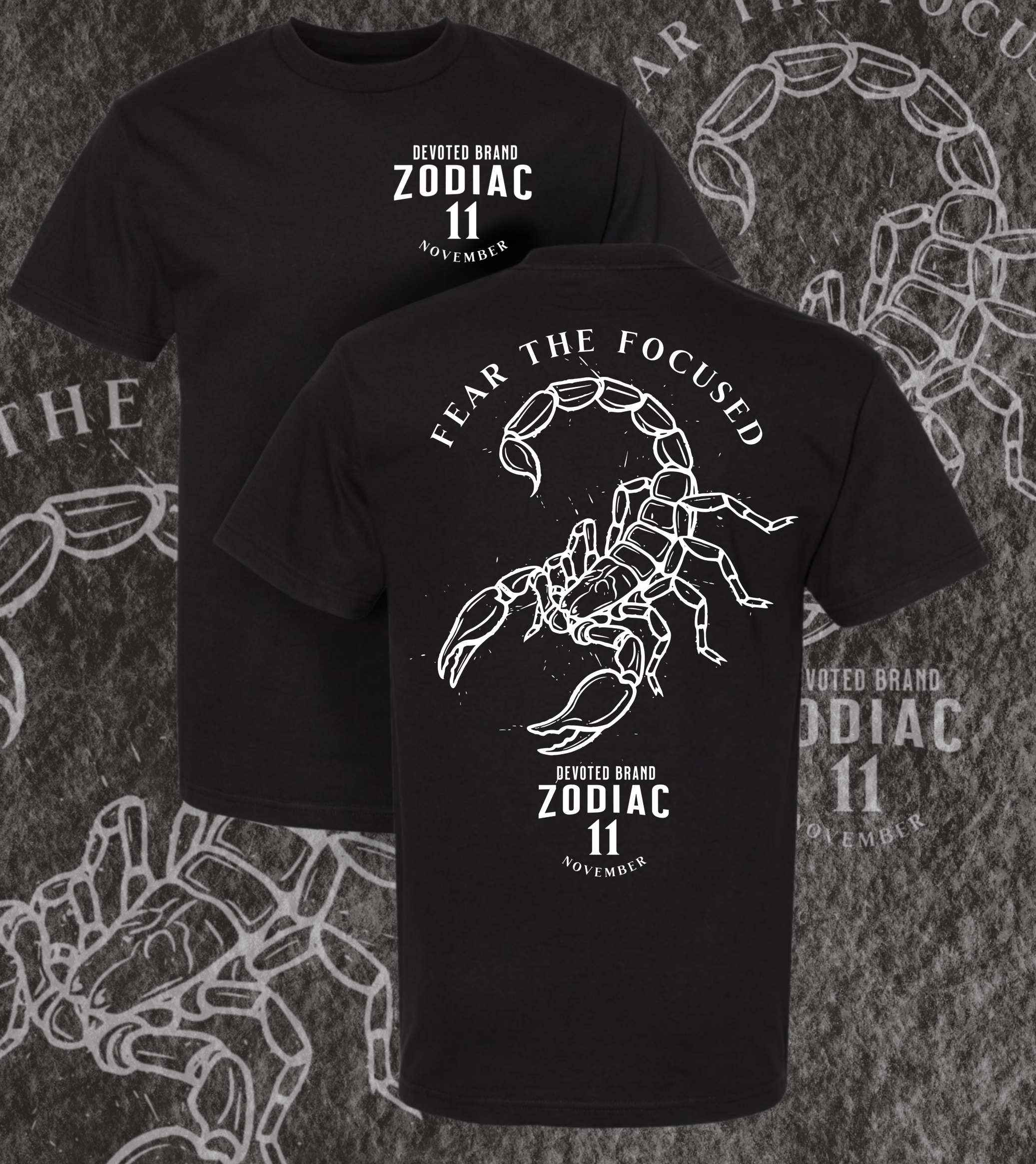 Black t-shirt with scorpion design and text on a textured background