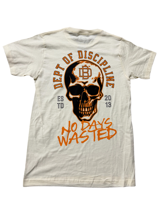 DMC Uniform 003 Department of Discipline Tee in Heritage vintage cream, back view with Department of Discipline skull graphic