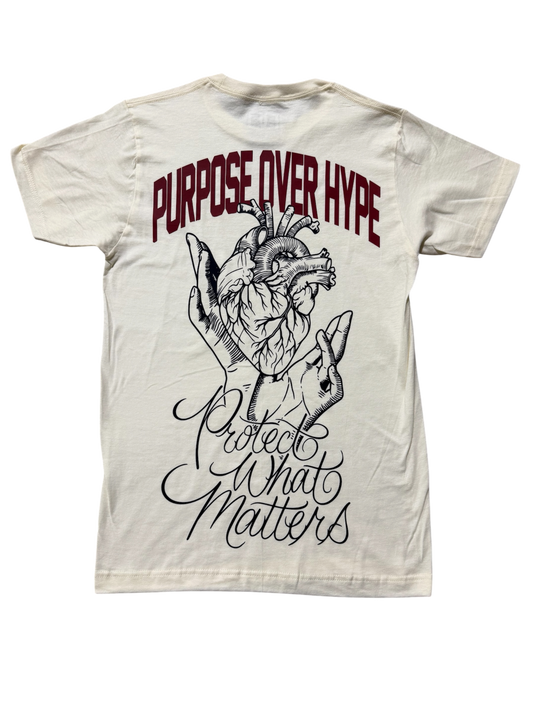 DMC Uniform 005 Purpose Over Hype Tee in Legacy vintage cream, back view with Protect What Matters artwork